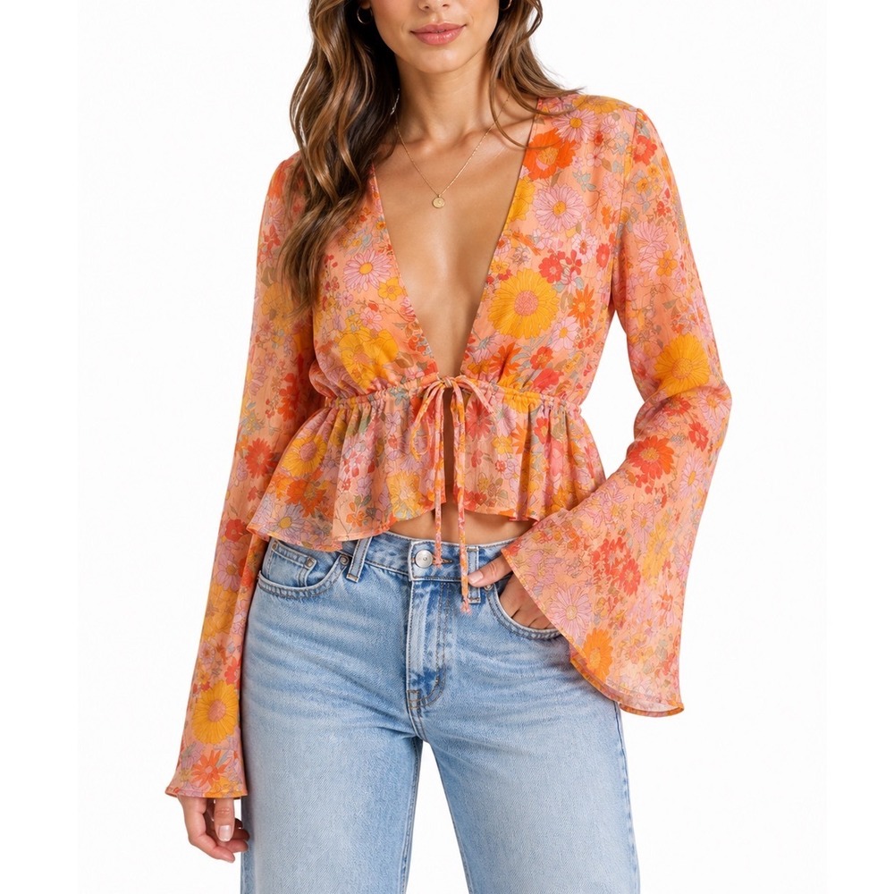 Women 70s Inspired Retro Sheer Floral Peplum Tie Front Blouse Boho Spring M Poly
